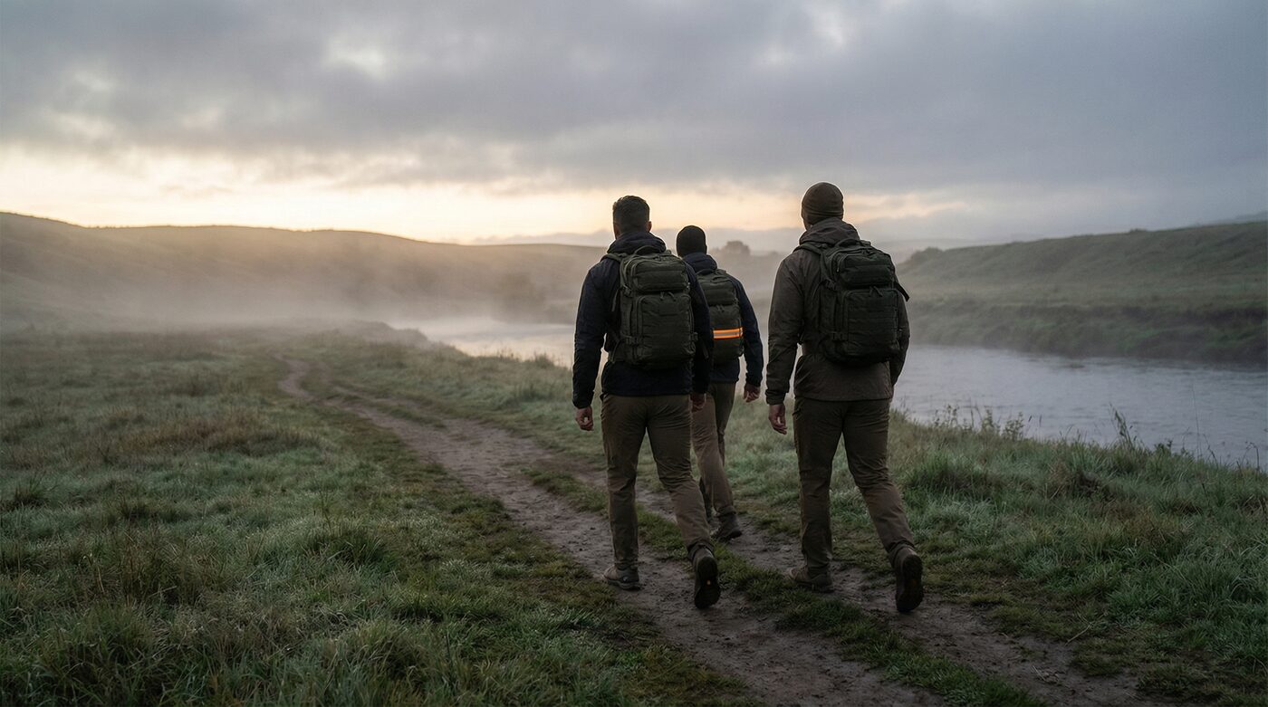 Three ruckers walking together on a riverside trail at dawn