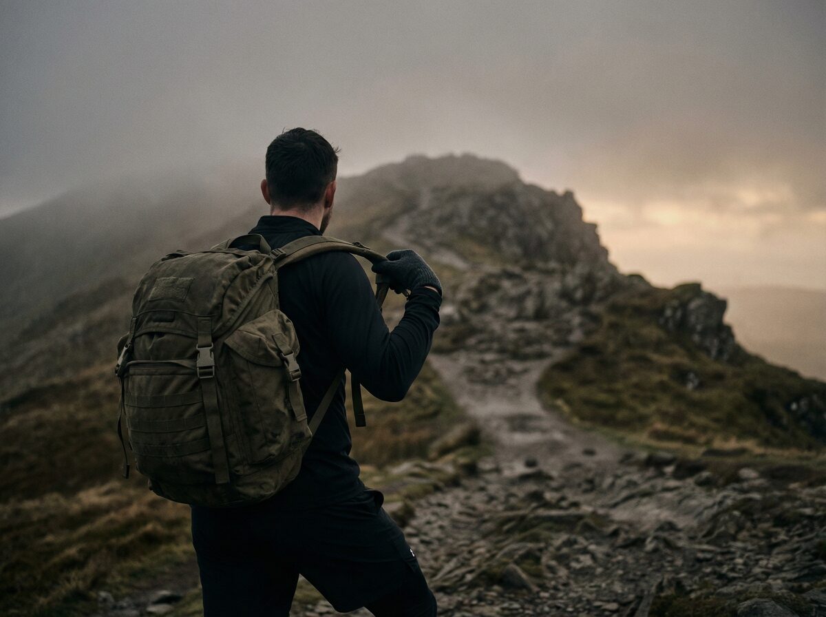 Rucker assessing a steep mountain trail ahead through fog