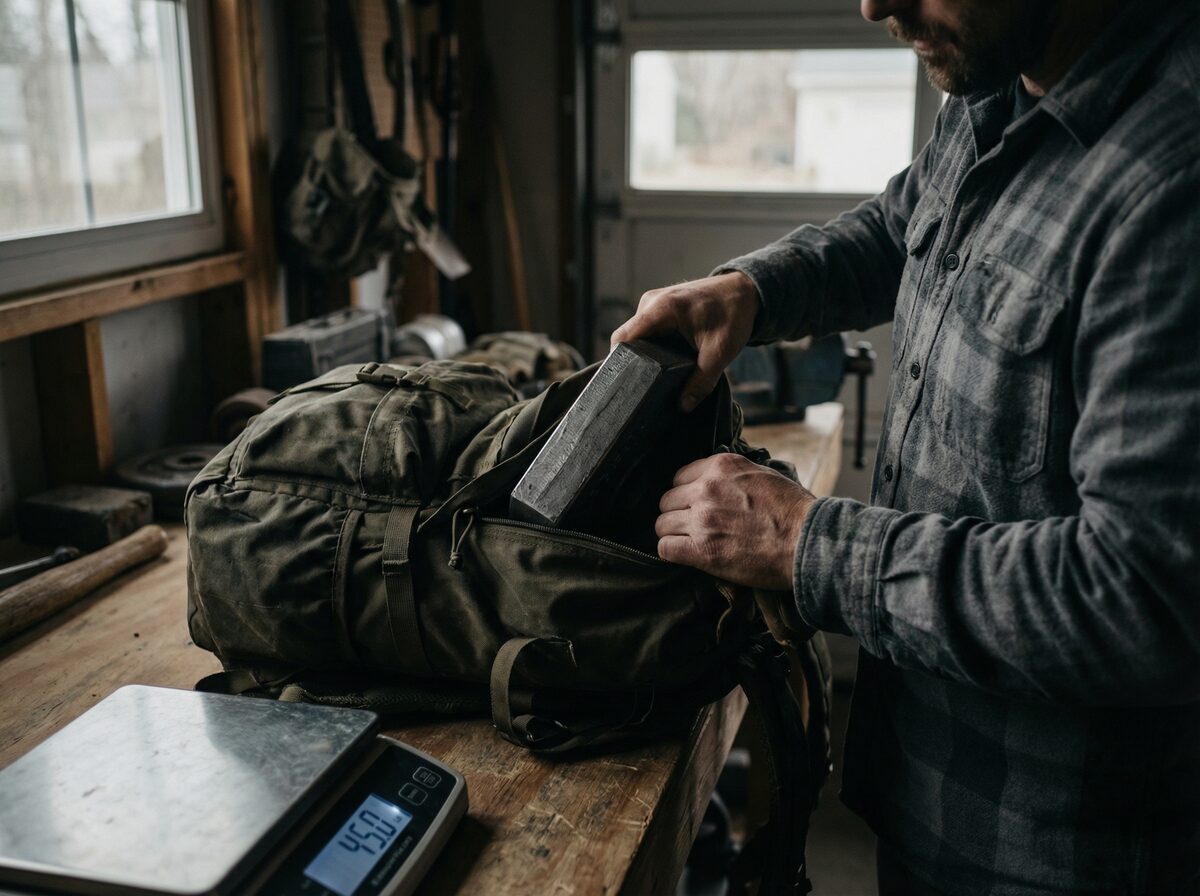 Loading a ruck plate into a weighted pack on a workshop bench