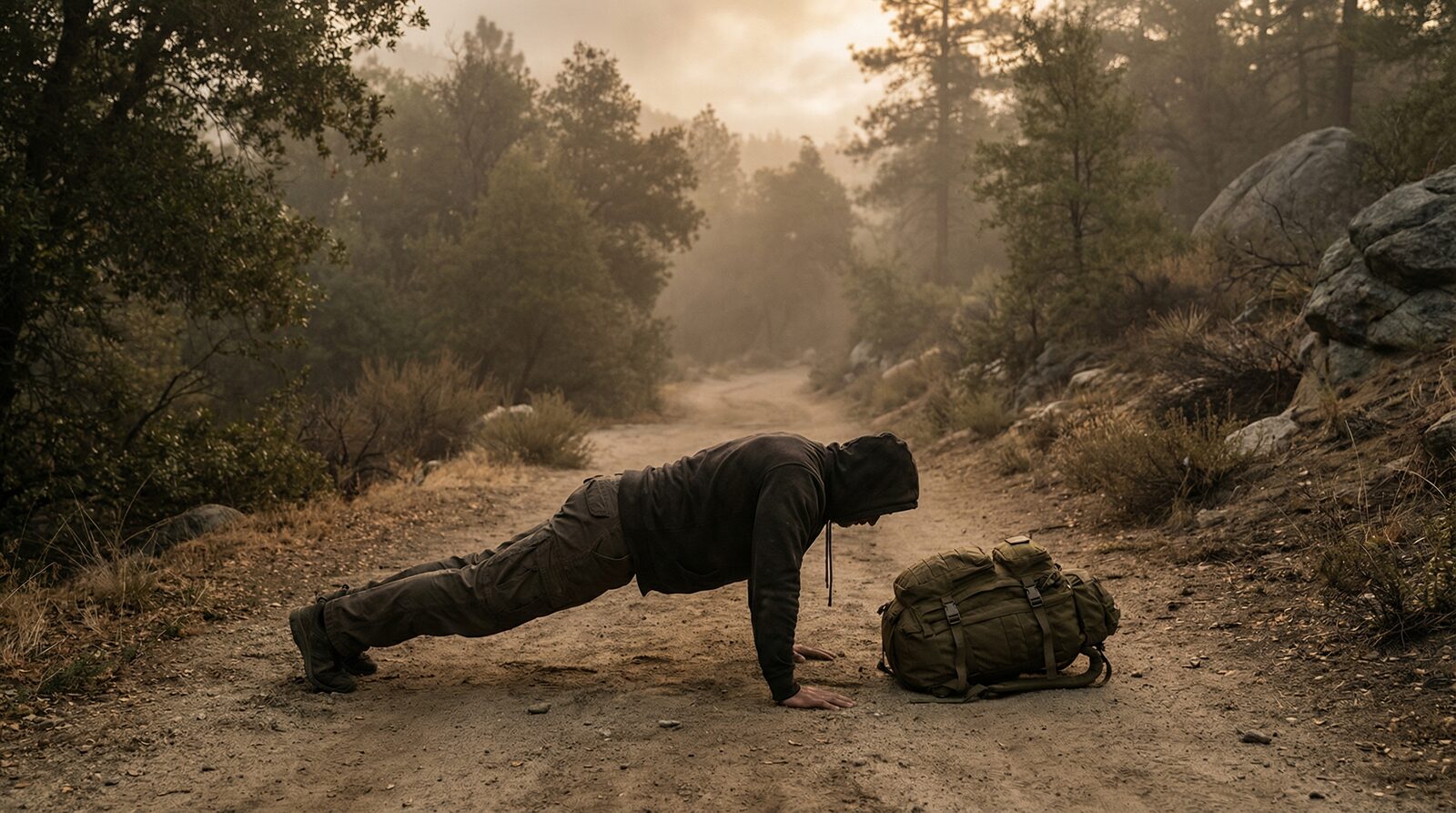 Rucker doing push-ups on a dirt trail with loaded rucksack beside them